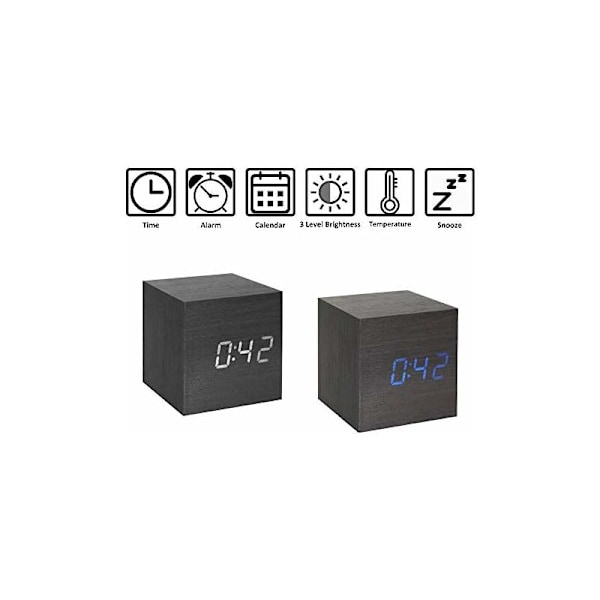 Träkub Digital LED Väckarklocka med Tid, Datum och Temperaturvisning (USB/Batterier) AC10 Svart Vit