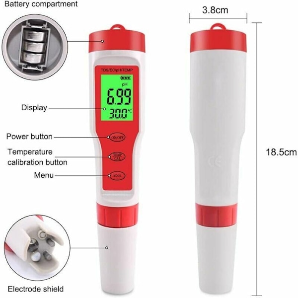 PH-mätare, PH/TDS/EC/Temperaturkonduktivitetsmätare, Hög Precision Automatisk Kalibrering, Digital för Pool Drickvatten Akvarier