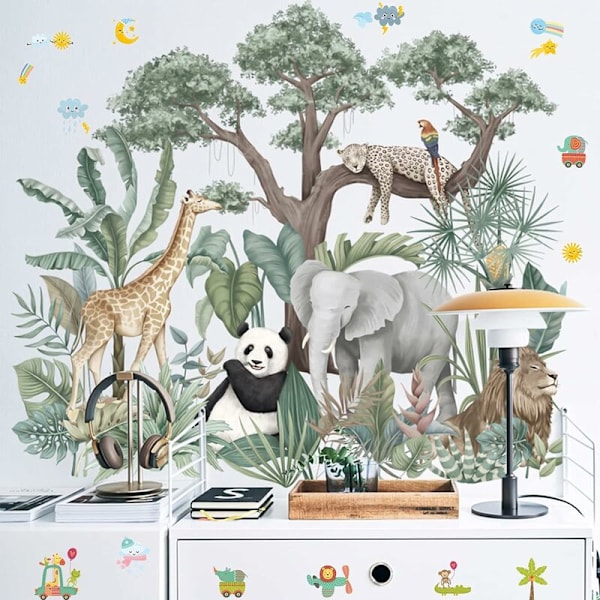 Cartoon Tropiska Regnskogsdjur Väggdekaler, Avtagbara Gröna Växter Lejon Giraff Elefant Dekaler, DIY Väggkonst Dekorationer För Väggen Wi