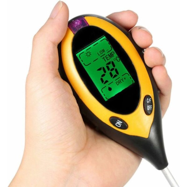 4-i-1 Jordfuktighetsmätare, Digital Jordtestkit, pH, Temperatur, Sol, Luftfuktighet, Surhet med Bakgrundsbelyst LCD-Skärm för Trädgård, Gräsmatta, Jordbruk, H