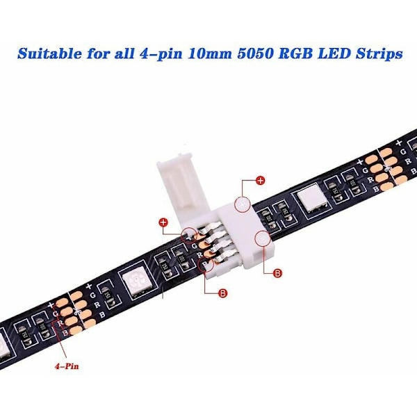 30-dels komplett RGB LED-remsanslutningskit, 4-polig 10 mm lödningsfri adapterförlängning kompatibel med SMD 5050 LED-remsa, 20 luckfria kontakter, 5