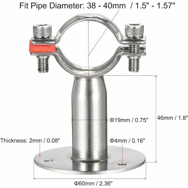 Väggfäste för takmontering, justerbar slangklämma i 304 rostfritt stål för slangar med 38-40 mm diameter