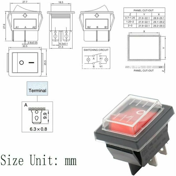 3 st Röda Ljus PÅ/AV Vippströmbrytare med Vattentät Skydd 16A/250V 20A/125V AC(DPST)
