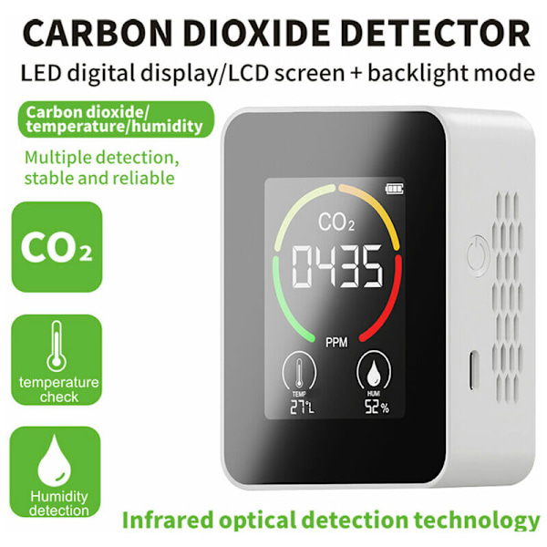CO2-koldioxiddetektor, temperatur- och fuktighetsvisning, bärbar luftkvalitetsdetektor för hemmet, vit