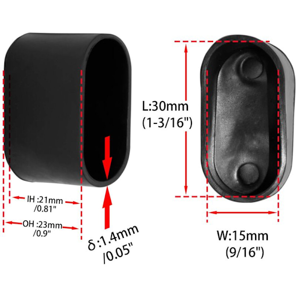 Paket med 8 Mjuka PVC Ovalformade Endkåpor för Stol, Bord, Möbelben 15 x 30 mm, Svart