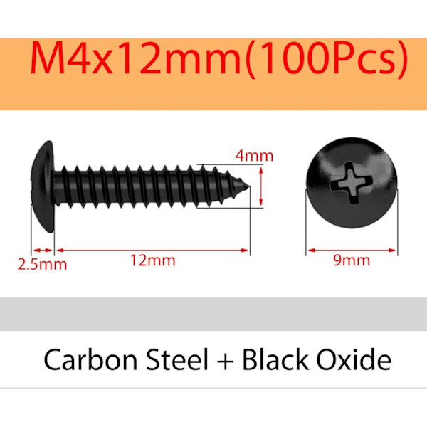 M4 x 12mm 100 st Carbonstål Runda Huvud Phillips Träskruvar Svamp Huvud Självspännande Skruvar