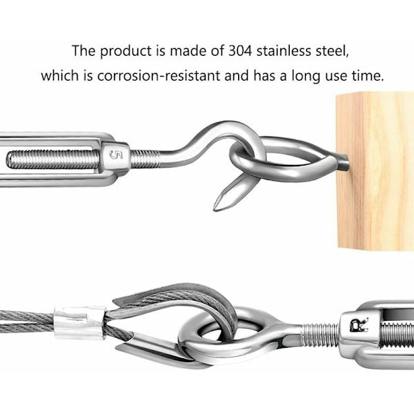 M5 Hakenkabelspännare (Hake och Öga), Ståltrådsspännare / Spännare i rostfritt stål i 304 rostfritt stål för tvättlina, stålkabel, S