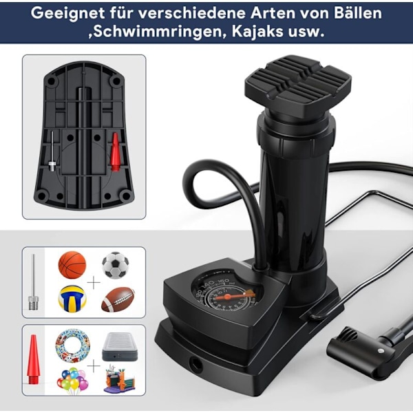 Minicykelpump för AV/DV/SV-ventiler MTB E-cykel Racing, Fotpump med Extra Känslig Tryckmätare, Luftpump med Adapter för Basketbollar - Svart