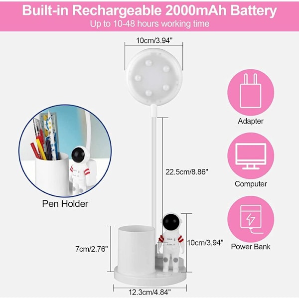 5W LED-skrivbordslampa för barn, dimbar uppladdningsbar sladdlös bordslampa med pennhållare och projektion, flexibel svanhalsläslampa för kontorsstudenter