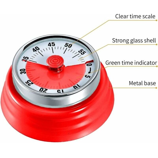 Köktimer, 60 minuter Mekanisk Magnetisk Batterifri Nedräkningstimer Kök Klocka med 72DB Larmsignal