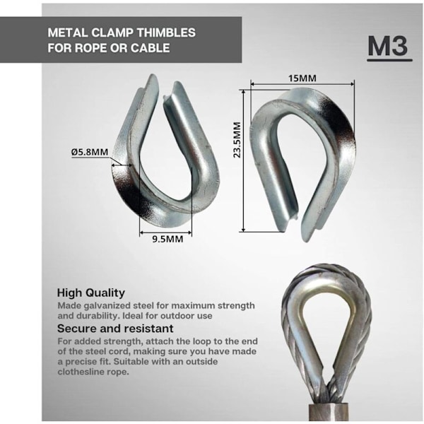 INDUSTRIELL M3 Hjärtterminal Kabelskydd Galvaniserat Stål Kabeldiameter 3mm Pack med 25 Stark och Hållbar Fäste för Marin, Industriella Applikationer