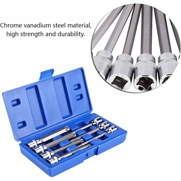 7-delad Professionell 3/8 Driv Extra Lång Torx Hylsnyckelsats, T25, T30, T40, T45, T50, T55, T60 Hylsor Bitshylsor med Blå Bärväska