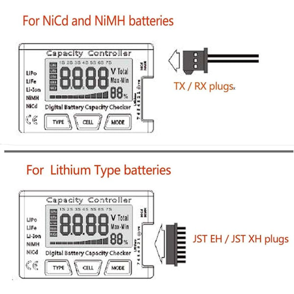Digital Batterikapacitets- och Spänningsmätare med LCD-Skärm för LiPo, Li-ion NiMH Batterilivslängd