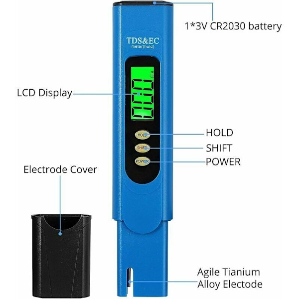 TDS-mätare Vattenkvalitetstestare TDS-testaren Penna 3 i 1 TDS-mätare EC Temperatur PPM-testaren Termometer för Vatten Digital Testare med LCD-skärm för Sw