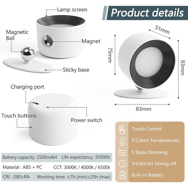 Vägglampa för inomhus, sladdlös vägglampa med fjärrkontroll, 3 ljusstyrkenivåer, 16 färglägen, laddningsbar LED-lampa, 360° rotation