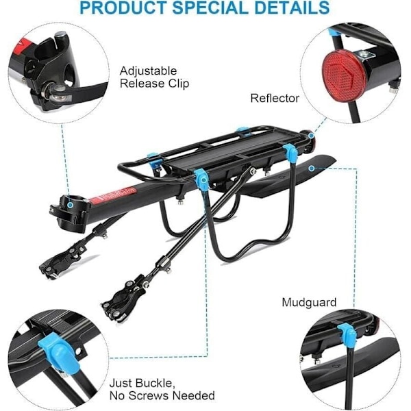 Bakre cykelställ med 50 kg kapacitet, justerbart MTB-cykelbagagehållare sadelstolpe med vingreflektor för cykling bergslast