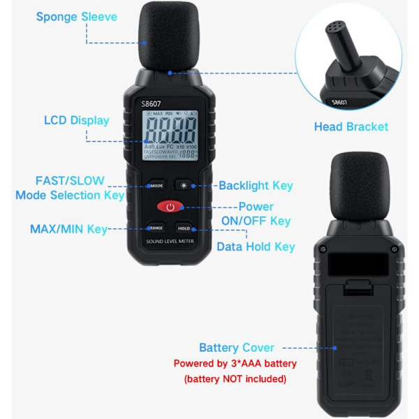 Digital ljudnivåmätare, 30-130 dB decibelmätare, ljudnivåmätare för mätning av buller, ljudmätare för klassrum, gata, hem