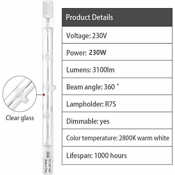 Paket med 10 R7S Halogenlampa 118mm 230W 230V, R7S Halogenstav 118mm, R7S Halogenlampa Dimbar Halogenstavlampa för Byggnadsbelysning, Landskapsbelysning