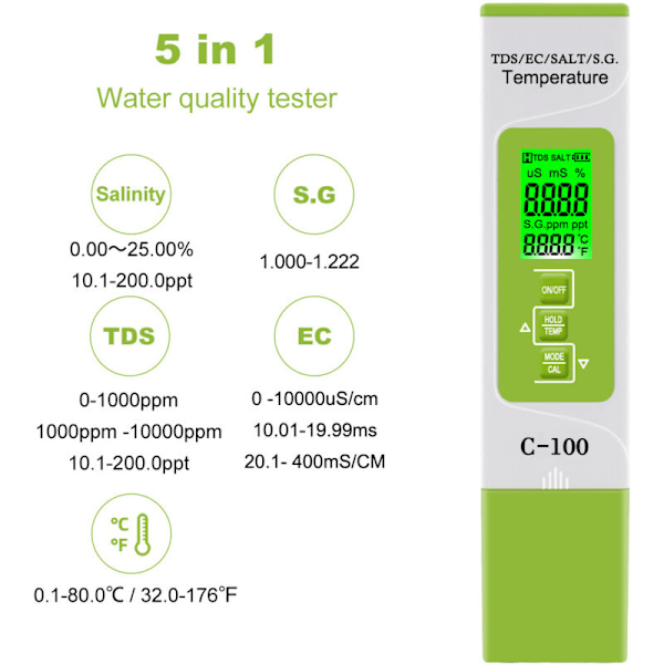 C‑100 5-i-1 TDS Digital Renhetsmätare Vattenkvalitetstestpenna Bärbar Salinitetsanalysator Miljöparameterdetektering med PH TDS EC SG för Aqua