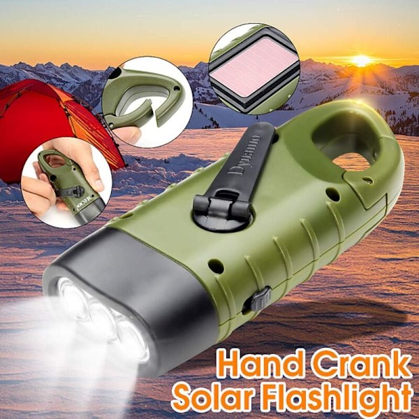 Solcellsladdad Ficklampa (2-pack), LED Nödlampa Dynamoficklampa med Karabinkrok för Vandring Resa Camping Klättring, Armég Grön