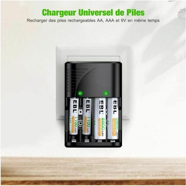 Universal AA/AAA/9V Batteriladdare, Snabbladdare 6802 för NI-MH eller 9V AA/AAA Uppladdningsbara Batterier med LED-indikator, Världsvid Spänning 100-240V