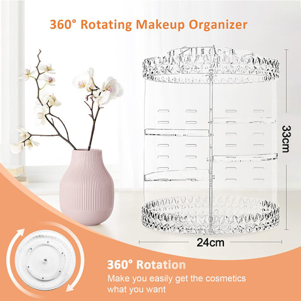 Sminkorganisatör, 360 Grader Roterande Kosmetikförvaringsorganisatör, Justerbar Sminkdisplayfodral, Passar Sminkborstar och Läppstift, Klar Akryl