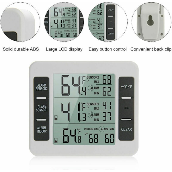 Inomhus- och utomhus-termometer med digital trådlös temperatursensor, övervakningsmätare, max- och min-registrering, stor LCD-display, vit, med 2 sensorer