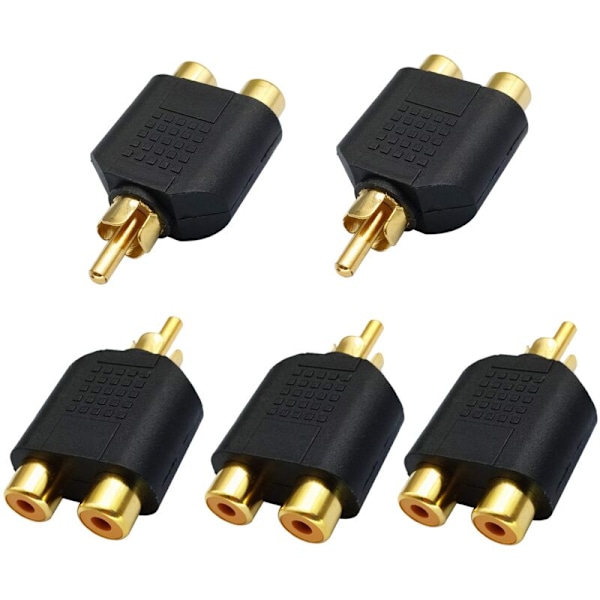 RCA Y-delare, guldpläterad 1 RCA hane till 2 RCA hona, video-ljudkontakt, ljud-video AV-omvandlare (5-pack)