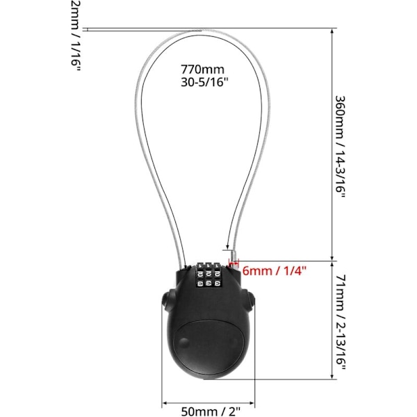 3-siffrigt kombinationslås, kabelås, säkerhetslösenordslås, 77 cm retråkbar kabel för bagage, cykel, skidor, snowboard