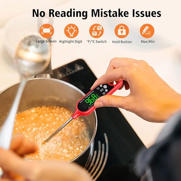 Kökstermometer, 3S Instant Läsning Vattentät Matlagningstermometer med Lång Sond, Bakgrundsbelysning & Magnet, Kalibreringsknapp, Trådlös Grilltermometer