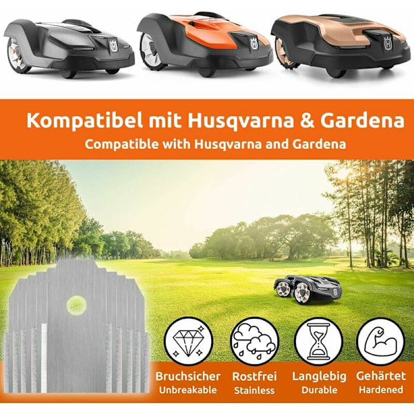 60x Ersättningsblad i rostfritt stål kompatibla med Husqvarna Gardena McCulloch Rob Flymo Yardforce Matrix Grizzly Brast - Inkluderar skruvar