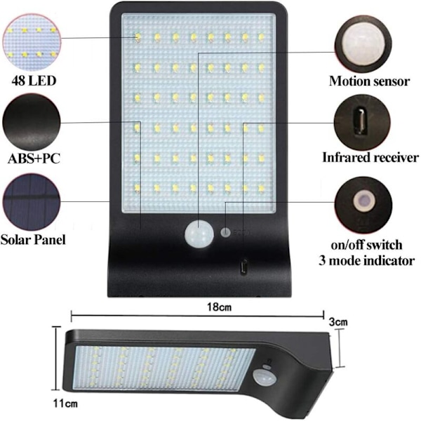 48 LED Solcellslampor Utomhus Rörelsesensor Dimbar Ljus med Trådlös Fjärrkontroll Vattentät Sollampa för Dörrgång Hall Patio Svart utan Stång