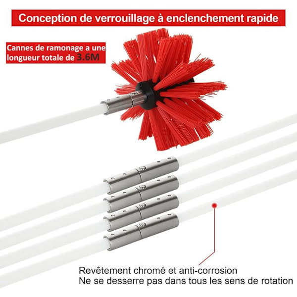 3,6 m Professionellt Sotningsset - 100 mm Justerbar Nylon Skorstensborste - 9 Drivstänger Kanaler