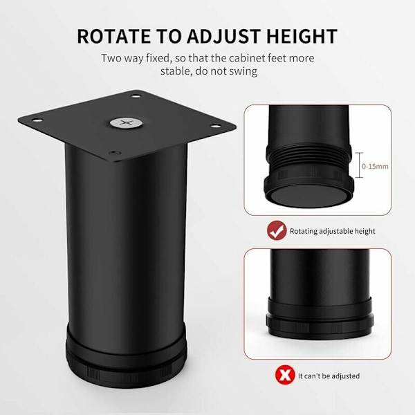 4 st 8 cm svarta justerbara metallmöbelben för skåpsben, soffbord, bordsunderrede, möbelbensbyte, svart, 8 cm för hemmet