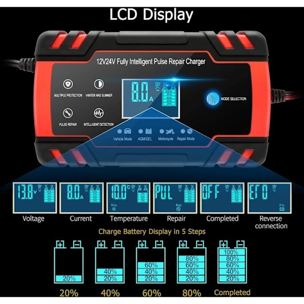 Laddare, booster och startkablar 12V/24V 8A Intelligent Batteriladdare, Batteriladdare Underhåll och Automatisk Reparation Bärbar Funktion med LCD