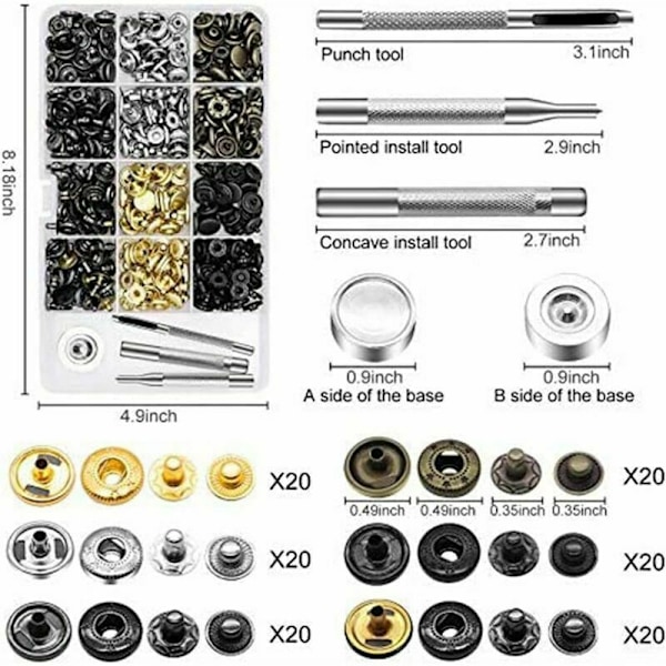 240 Set Läder Nitar Dubbelhatt Tubulär Nit 4 Färger 2 Storlekar Metall Dubbar med Fästverktyg för Läder DIY