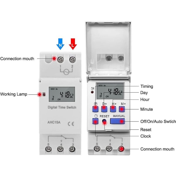 Multifunktionell DIN-skena monterad tidsrelä, LCD programmerbar digital timerbrytare, lågström 15A, för HVAC-system, belysning, fläkt och motorstyrning