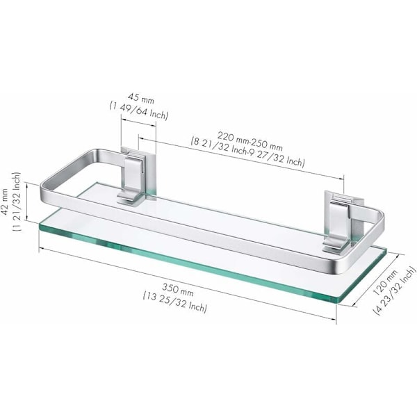 Badrumshyllan i aluminium med rektangulär härdat glas, 1 lager, extra tjock, silverfärgad sandblästrad, väggmonterad