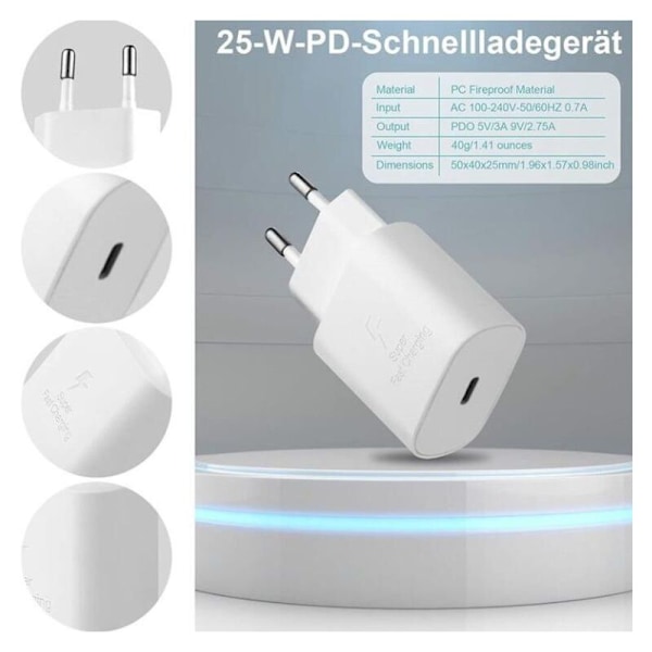 25W Snabbladdare + USB-C USB-C-kabel Kompatibel med Samsung, Vit