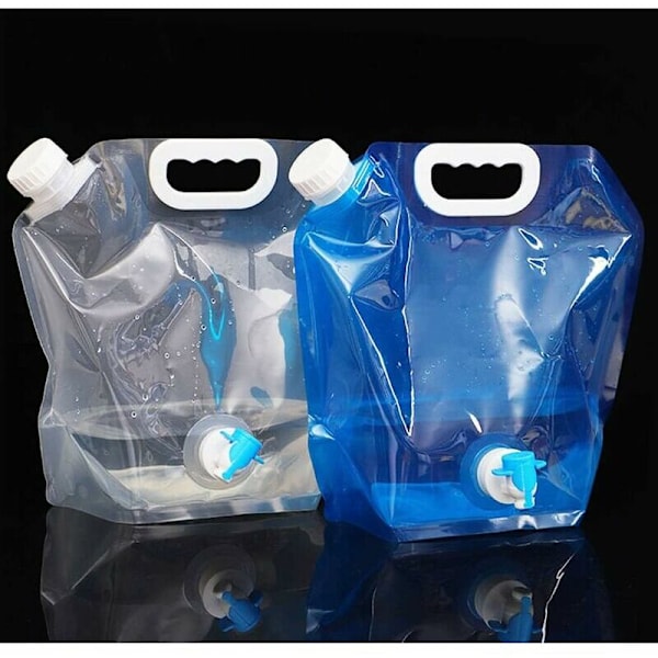 2-pack hopfällbar vattenflaska med kran, vattenbehållare, campingvattenbehållare, 5L, BPA-fri, klar och blå -