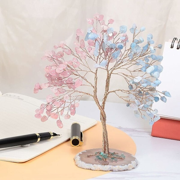 Handgjord Grön Aventurin & Akvamarin Kristallträd med Agatbas, Bonsai Pengaträd av Livet för Välstånd och Lycka, Feng Shui Heminredning-Rosa &