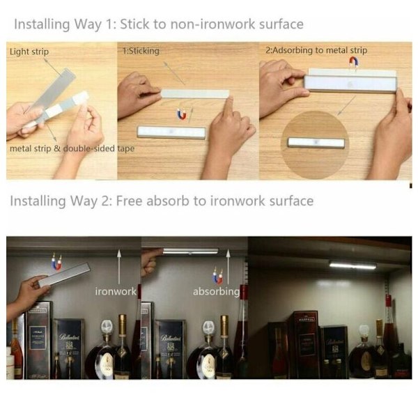 LED-lampa, Trådlös, USB-laddningsbar, Magnetisk, Rörelsesensor, 2 Belysningslägen, Bärbar. Garderobsbelysning Bärbara Nödljus Nattlampor för