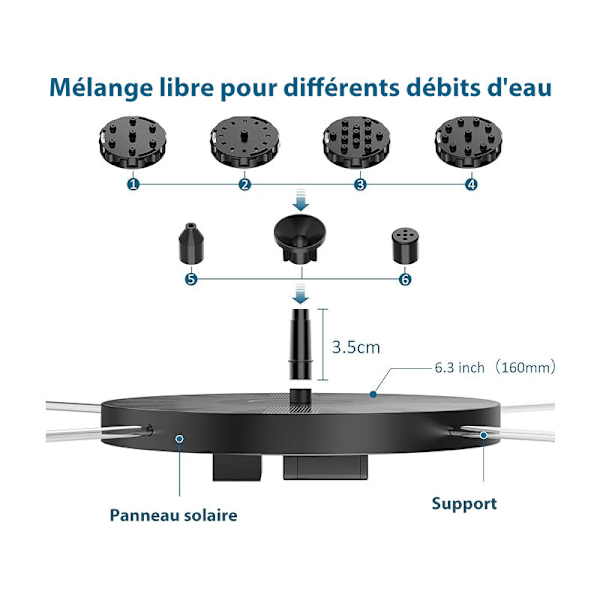 2,5W Solcellsfontän för Utomhus Trädgård Solcellsfontän med 6 Munstycken för Prydnadsdammar Utomhus Trädgård Damm Fågelbad