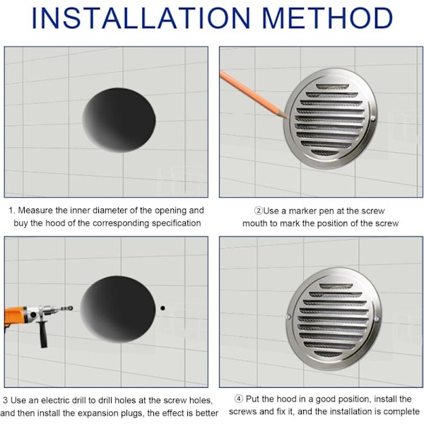 Ventilationsgaller 120mm Rund Rostfritt Stål Ventilationsgaller Ventlock med Nätlock för Köksfläkt