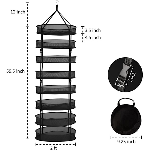 Kräftorknät, 8 Lager 60cm Diameter Vikbart Hängande Torkställ med Blixtlås för Grönsaker, Växter, Kläder