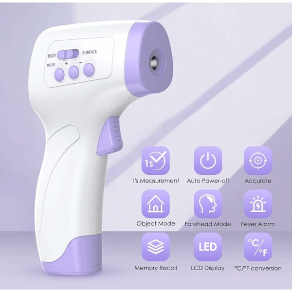 Vuxen Panntermometer Infraröd Termometer med Febervarning 2 i 1 Kontaktlös Panntermometer med Minnesfunktion, LCD-display, Infraröd