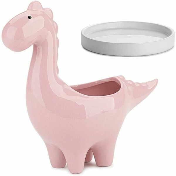 Succulentkrukor med dräneringsbricka 7 tum Vit Glazerad Keramisk Dinosaurie Kruka för Inomhus Succulentväxter Kaktus Dekoration, ROSA