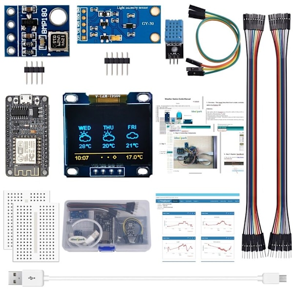 ESP8266 Väderstationskit Atmosfärstryck Ljusgivare Temperatur Luftfuktighet 0.96 Display för Arduino IDE IoT Starter Fantablau