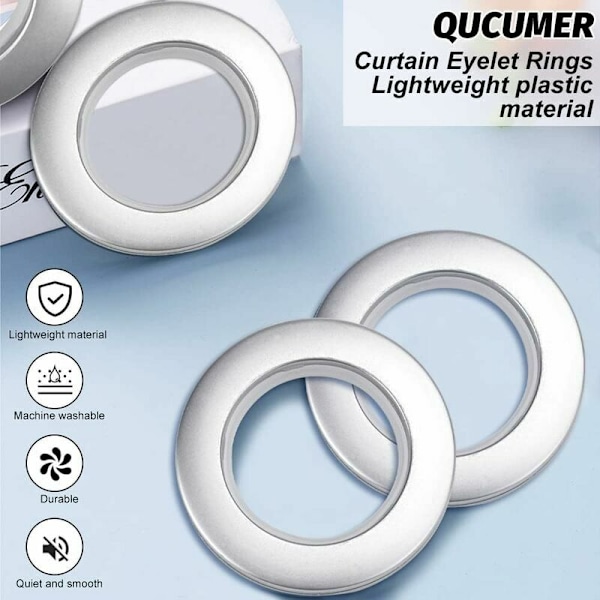 50 stycken Plastgardinringar 40mm Gardinöglor Plastringar Gardinstångsringar Silver Plastöglor för Fönstergardin Dusch Garderob