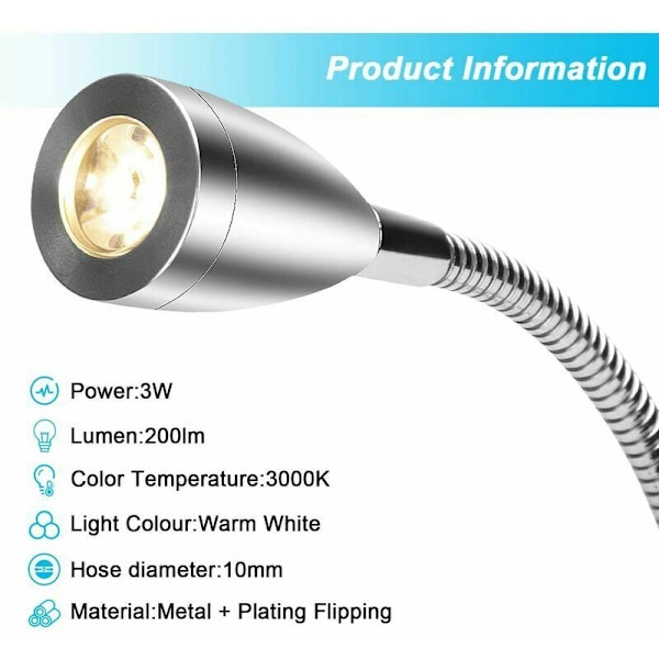 Läslampa, 2 LED Sänglampa, Väggmonterad Sänglampa i Aluminium, Sängläslampa, 3000K Varmvit